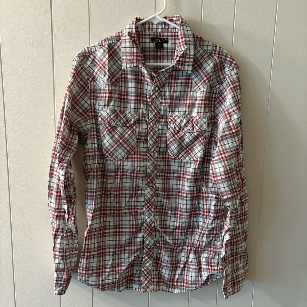 Helix Red and White Casual Button Down Shirt Mens Medium Plaid Long Sleeve